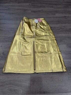 RARE-NWT Ivy City Co Metallic Gold Midi Skirt with Front Slit